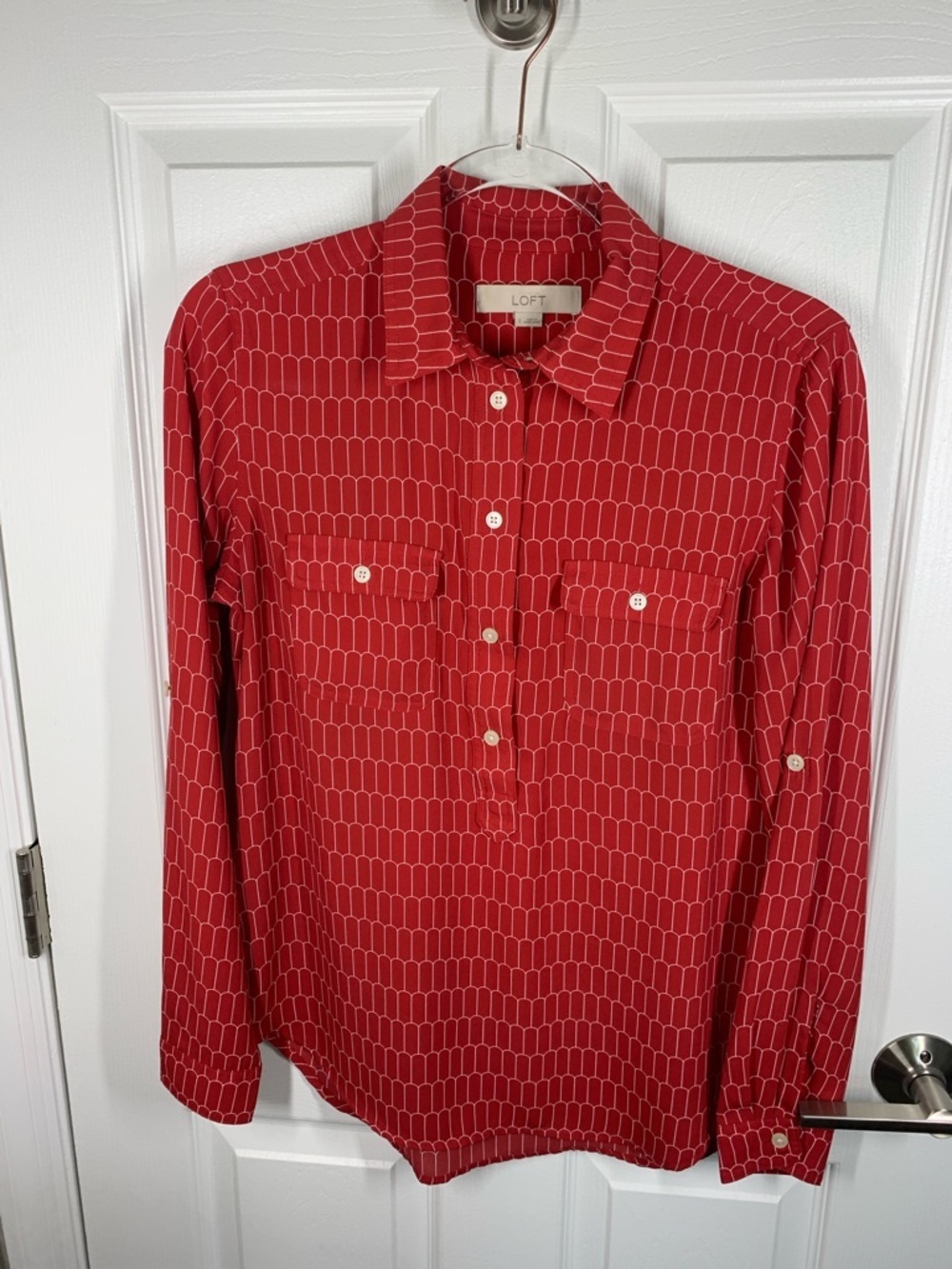 Ann Taylor Loft red blouse with white geometric print size small